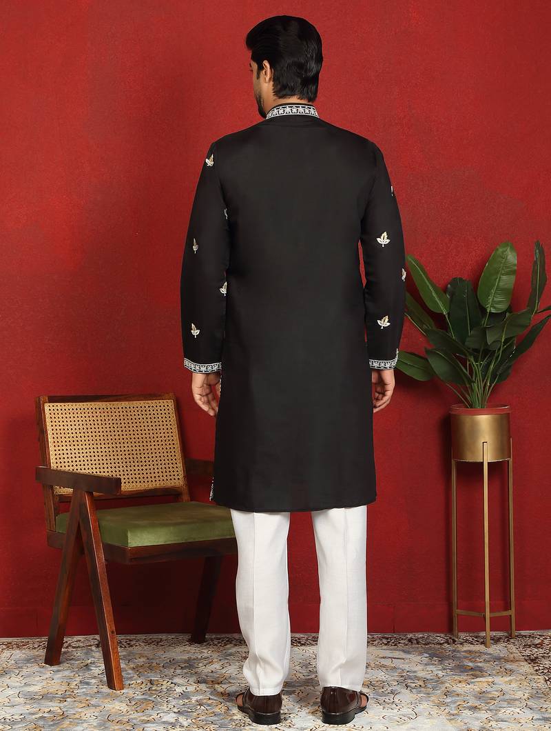 Cotton silk black embroidered floral design straight kurta with white silk trouser