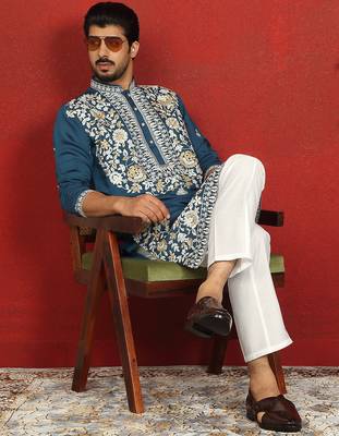 Cotton silk blue embroidered floral design straight kurta with white silk trouser 1