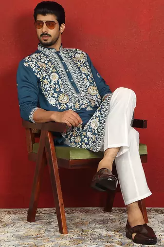 Cotton silk blue embroidered floral design straight kurta with white silk trouser