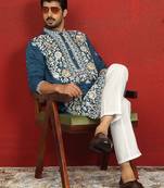Cotton silk blue embroidered floral design straight kurta with white silk trouser