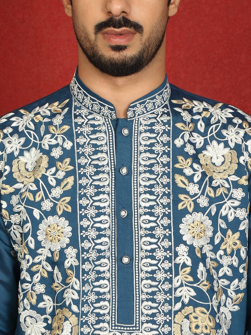 Cotton silk blue embroidered floral design straight kurta with white silk trouser