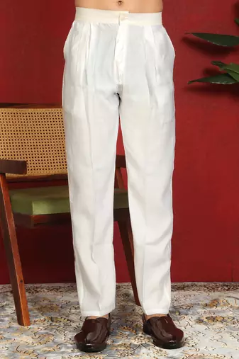 Cotton silk blue embroidered floral design straight kurta with white silk trouser