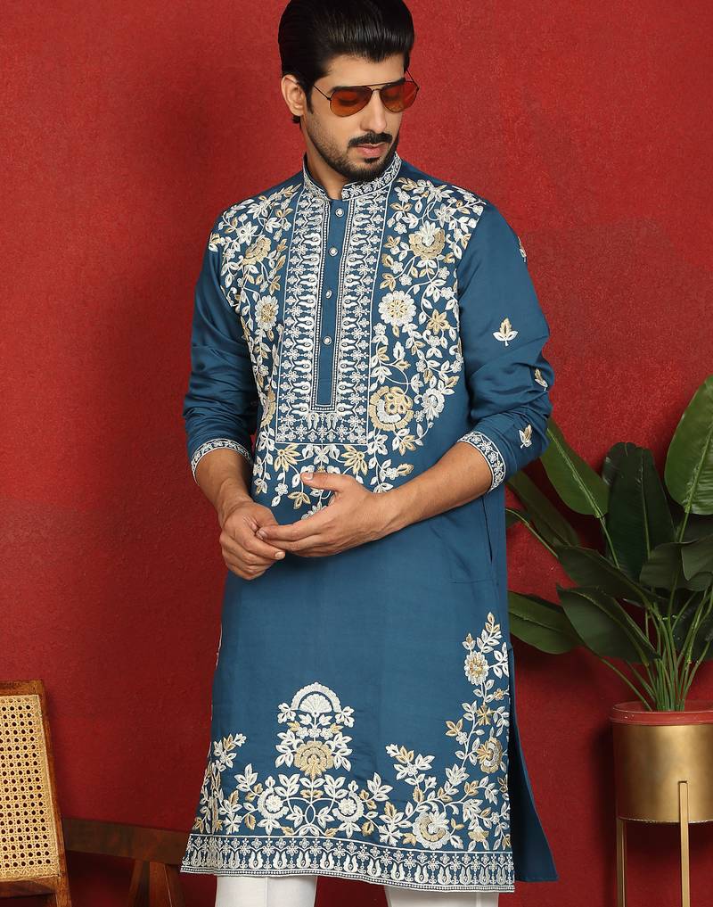 Cotton silk blue embroidered floral design straight kurta with white silk trouser
