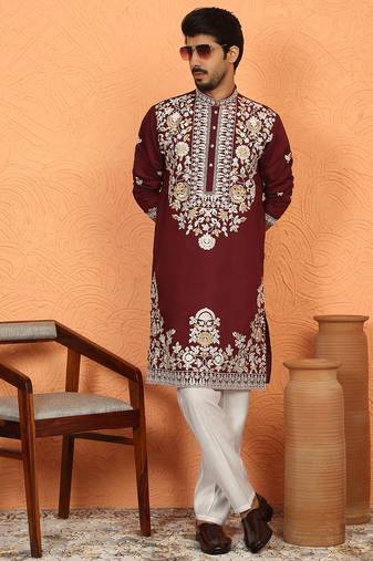 Cotton silk maroon embroidered floral design straight kurta with white silk trouser