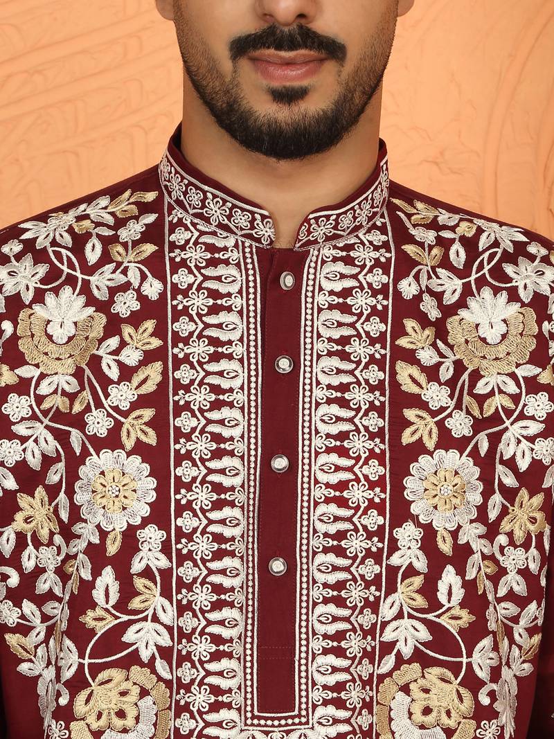 Cotton silk maroon embroidered floral design straight kurta with white silk trouser