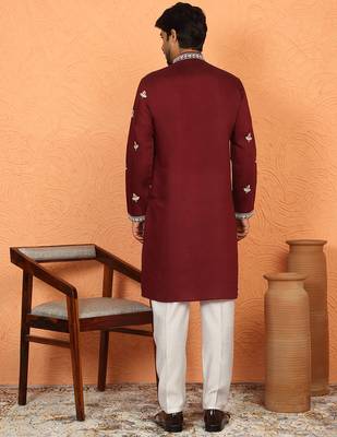 Cotton silk maroon embroidered floral design straight kurta with white silk trouser 4