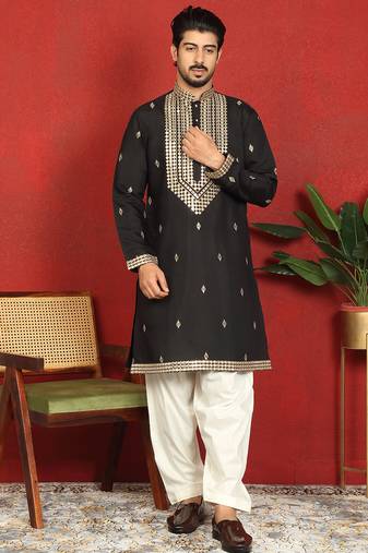 Cotton silk zari embroidered yoke design black kurta with cream salwar