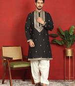 Cotton silk zari embroidered yoke design black kurta with cream salwar