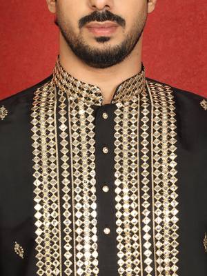 Cotton silk zari embroidered yoke design black kurta with cream salwar 2