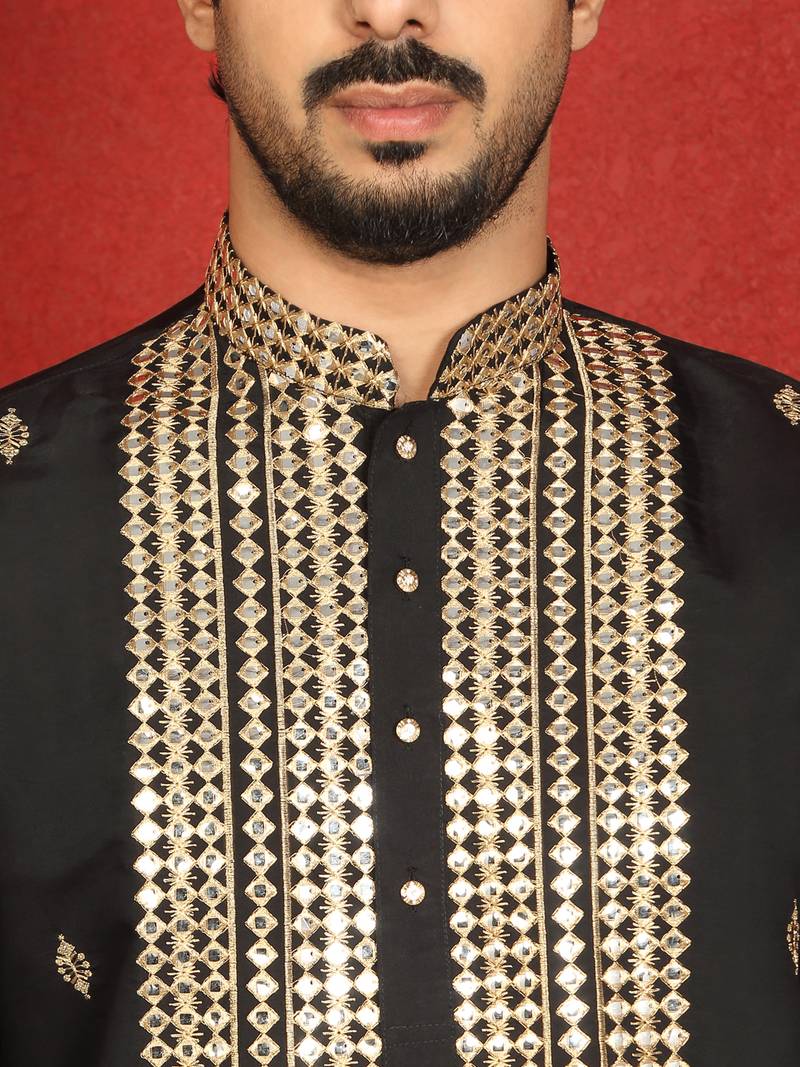 Cotton silk zari embroidered yoke design black kurta with cream salwar