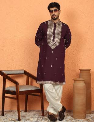 Cotton silk zari embroidered yoke design wine kurta with cream salwar 1