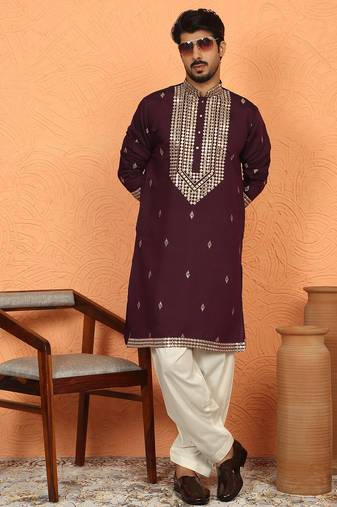 Cotton silk zari embroidered yoke design wine kurta with cream salwar