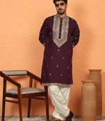 Cotton silk zari embroidered yoke design wine kurta with cream salwar