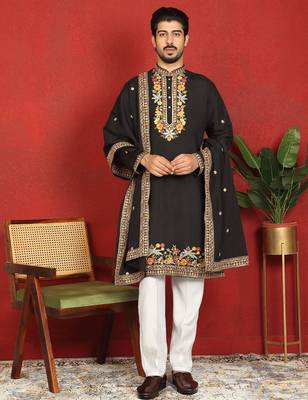 Floral embroidered cotton silk yoke design black kurta & trouser pant set with matching stole 1
