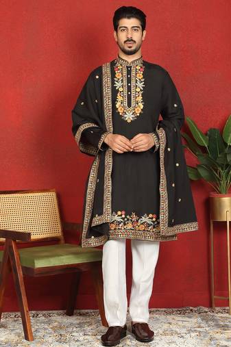 Floral embroidered cotton silk yoke design black kurta & trouser pant set with matching stole