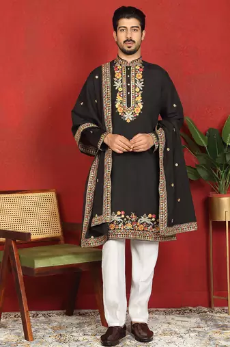 Floral embroidered cotton silk yoke design black kurta & trouser pant set with matching stole