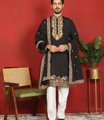 Floral embroidered cotton silk yoke design black kurta & trouser pant set with matching stole