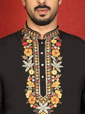 Floral embroidered cotton silk yoke design black kurta & trouser pant set with matching stole 2
