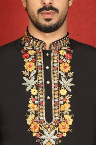 Floral embroidered cotton silk yoke design black kurta & trouser pant set with matching stole