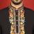 Floral embroidered cotton silk yoke design black kurta & trouser pant set with matching stole