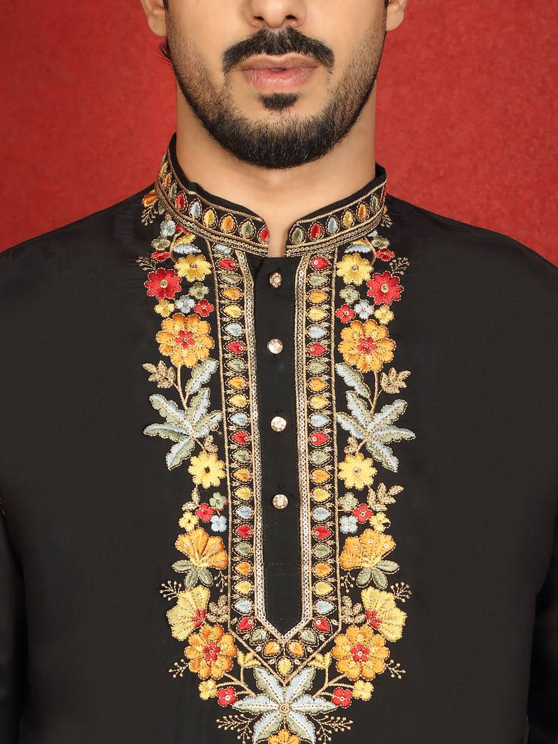 Floral embroidered cotton silk yoke design black kurta & trouser pant set with matching stole