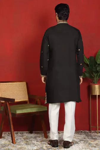 Floral embroidered cotton silk yoke design black kurta & trouser pant set with matching stole