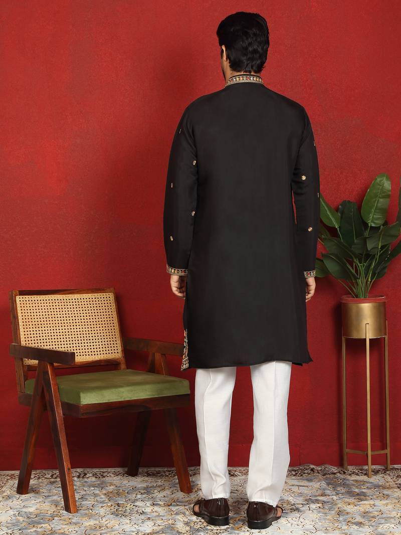 Floral embroidered cotton silk yoke design black kurta & trouser pant set with matching stole