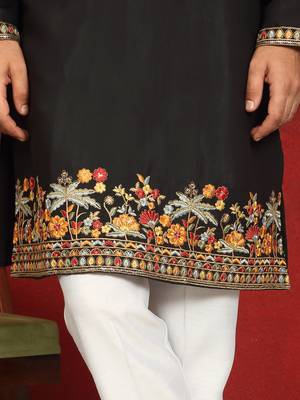 Floral embroidered cotton silk yoke design black kurta & trouser pant set with matching stole 5
