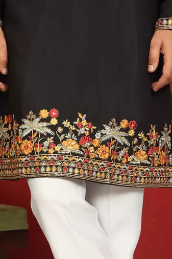 Floral embroidered cotton silk yoke design black kurta & trouser pant set with matching stole