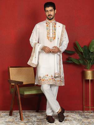 Floral embroidered cotton silk yoke design white kurta & trouser pant set with matching stole 1