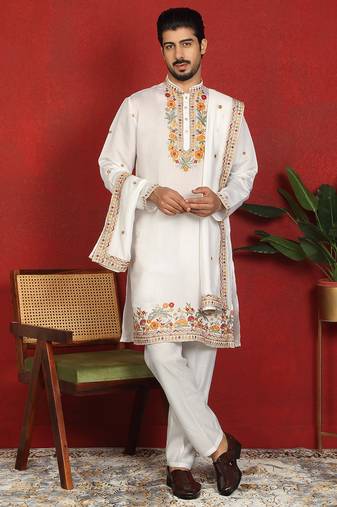 Floral embroidered cotton silk yoke design white kurta & trouser pant set with matching stole
