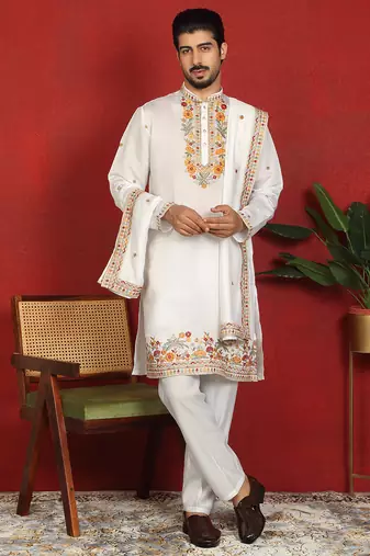 Floral embroidered cotton silk yoke design white kurta & trouser pant set with matching stole