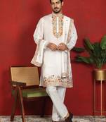 Floral embroidered cotton silk yoke design white kurta & trouser pant set with matching stole