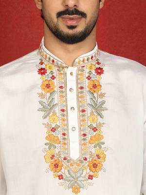 Floral embroidered cotton silk yoke design white kurta & trouser pant set with matching stole 2