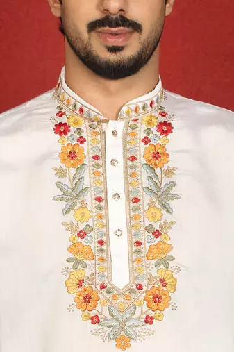 Floral embroidered cotton silk yoke design white kurta & trouser pant set with matching stole