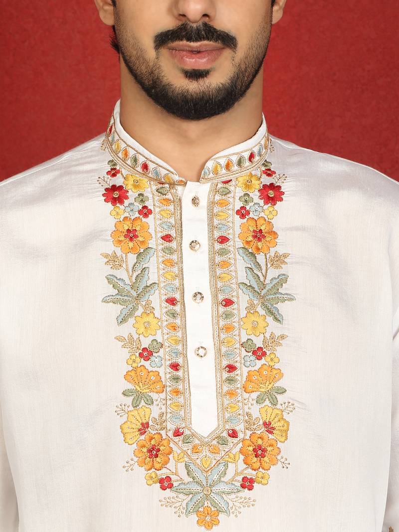 Floral embroidered cotton silk yoke design white kurta & trouser pant set with matching stole