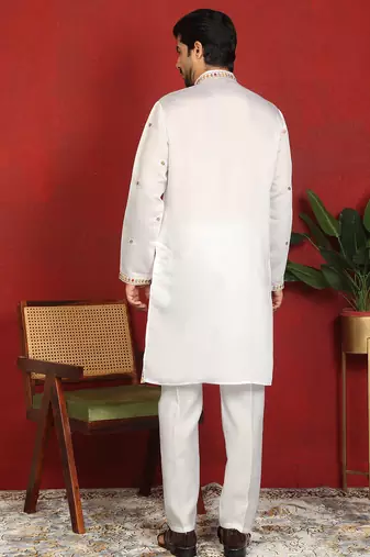 Floral embroidered cotton silk yoke design white kurta & trouser pant set with matching stole