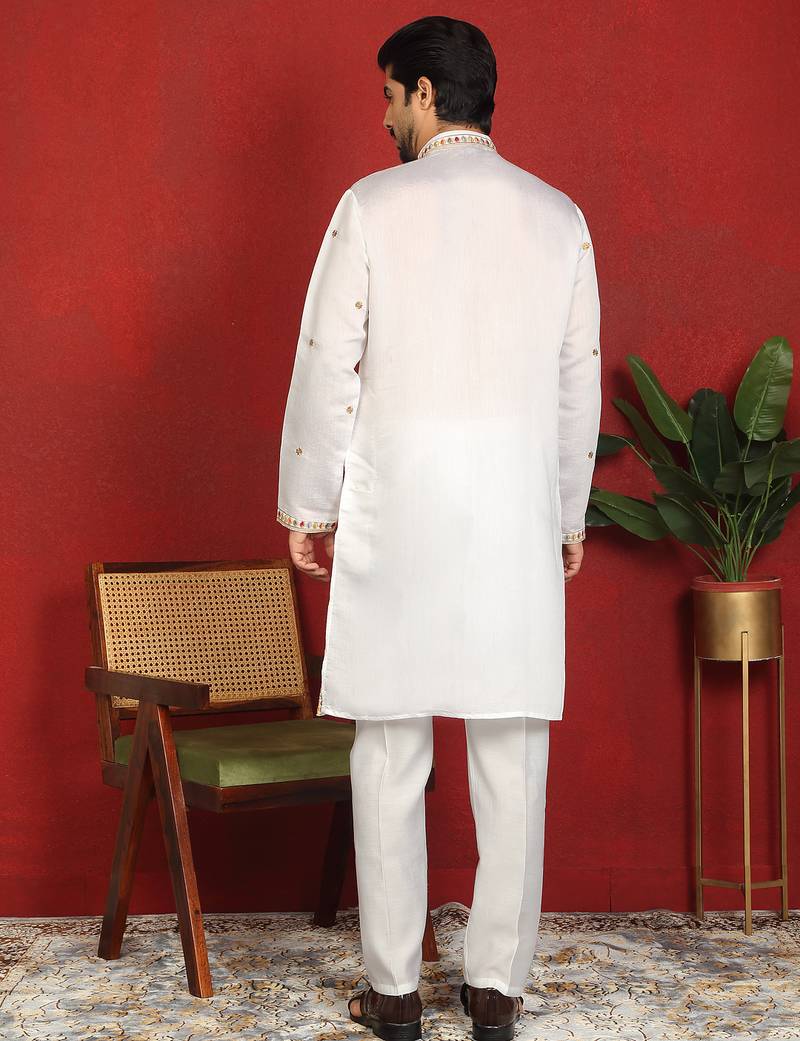 Floral embroidered cotton silk yoke design white kurta & trouser pant set with matching stole