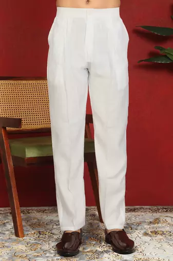 Floral embroidered cotton silk yoke design white kurta & trouser pant set with matching stole