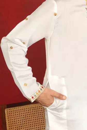 Floral embroidered cotton silk yoke design white kurta & trouser pant set with matching stole