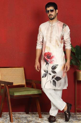 Cotton silk floral printed anchor neck work beige kurta set with white silk trouser