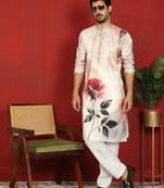 Cotton silk floral printed anchor neck work beige kurta set with white silk trouser