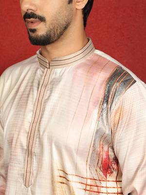 Cotton silk floral printed anchor neck work beige kurta set with white silk trouser 2
