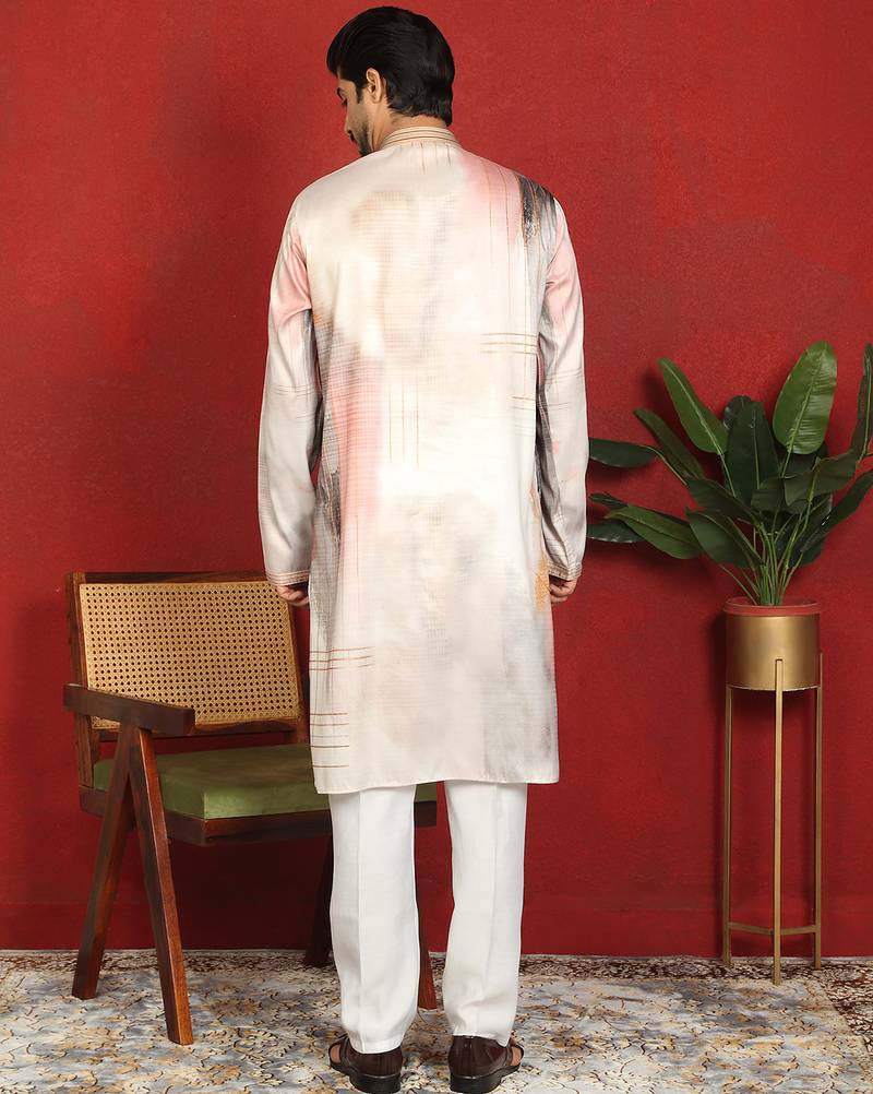 Cotton silk floral printed anchor neck work beige kurta set with white silk trouser