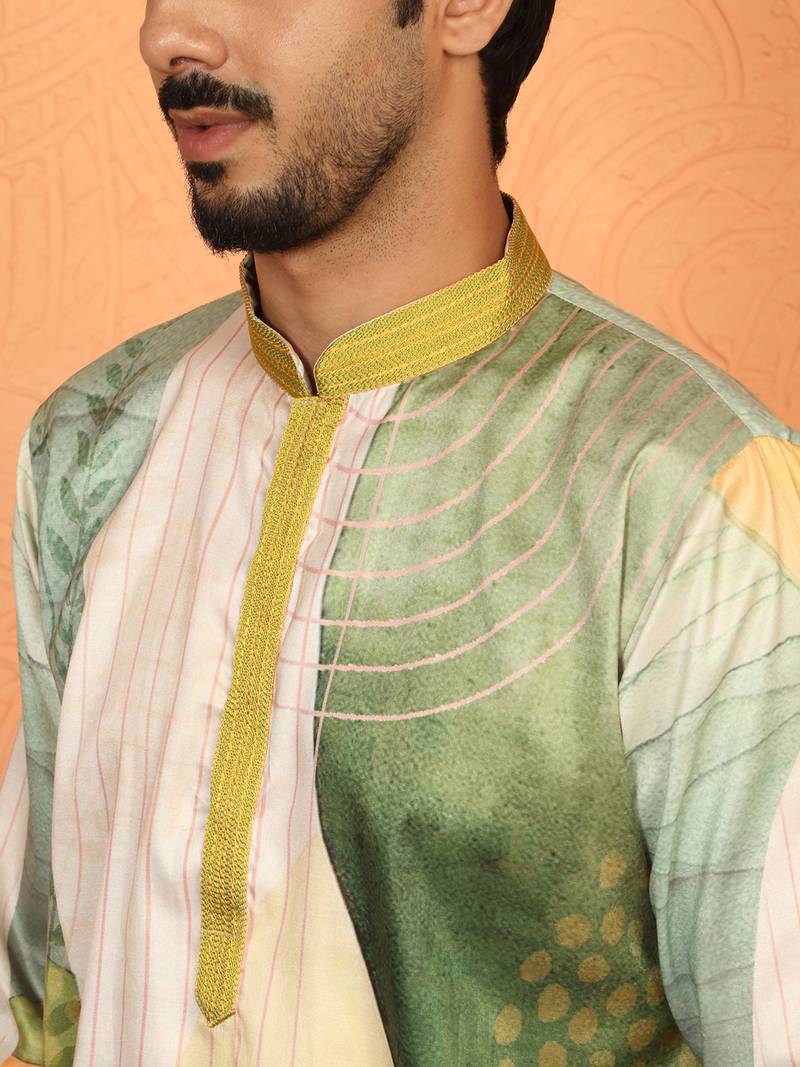 Cotton silk floral printed anchor neck work green kurta set with white silk trouser