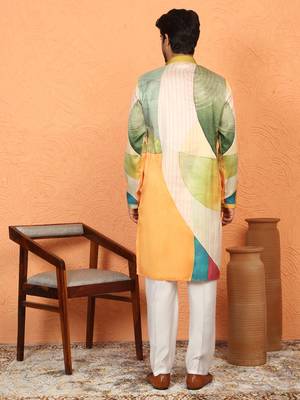 Cotton silk floral printed anchor neck work green kurta set with white silk trouser 3