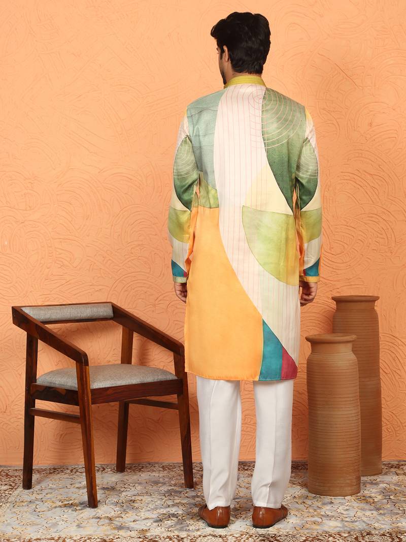 Cotton silk floral printed anchor neck work green kurta set with white silk trouser