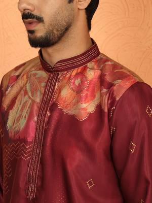 Cotton silk floral printed anchor neck work maroon kurta set with white silk trouser 2