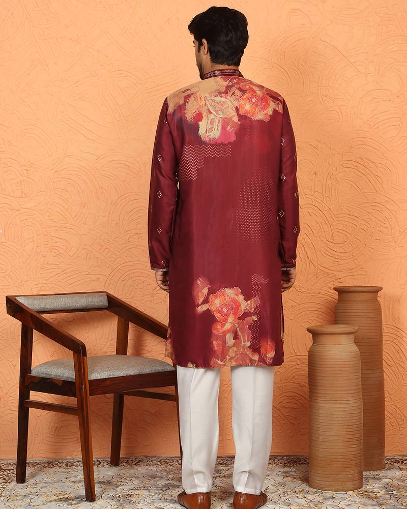 Cotton silk floral printed anchor neck work maroon kurta set with white silk trouser
