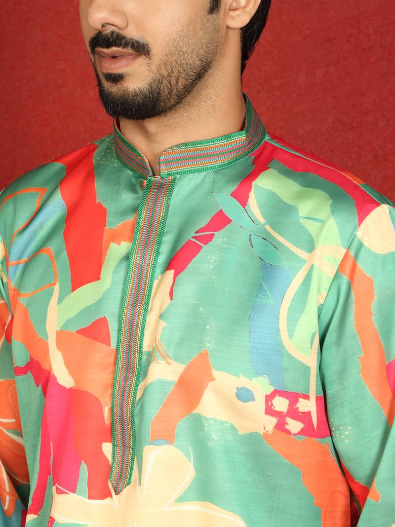 Cotton silk floral printed anchor neck work multicolor kurta set with white silk trouser
